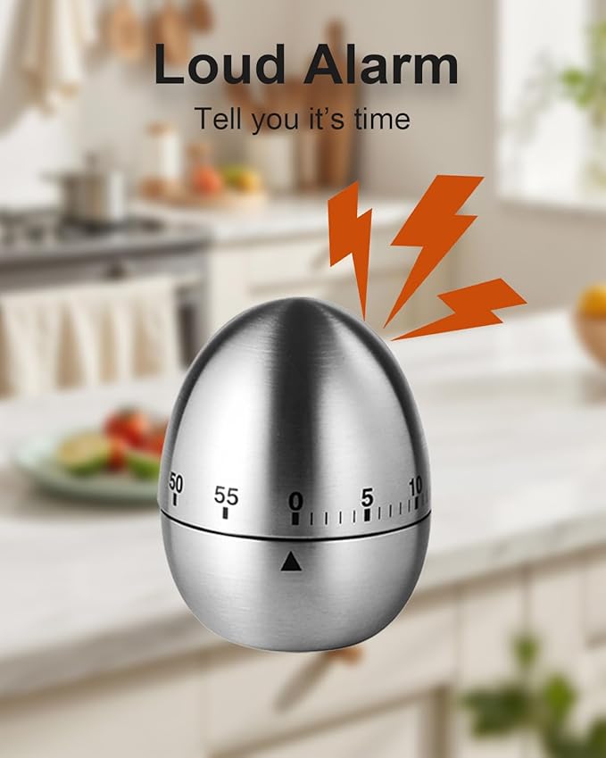 Kitchen Timer for Cooking, 60 Minutes Mechanical Timer - No Batteries Required, Stainless Steel Egg-Shape Cute Countdown Clock for Cooking, Learning, Exercises, Gaming