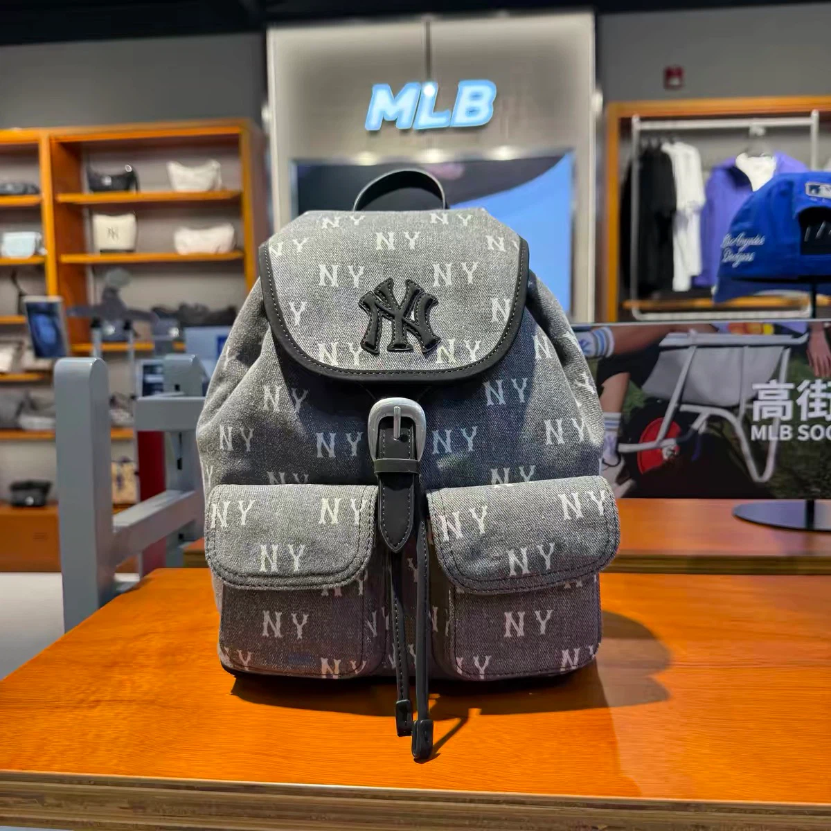 NY Monogram Denim Flap Drawstring Mini Backpack, Vintage Washed Denim Casual Daypack Light